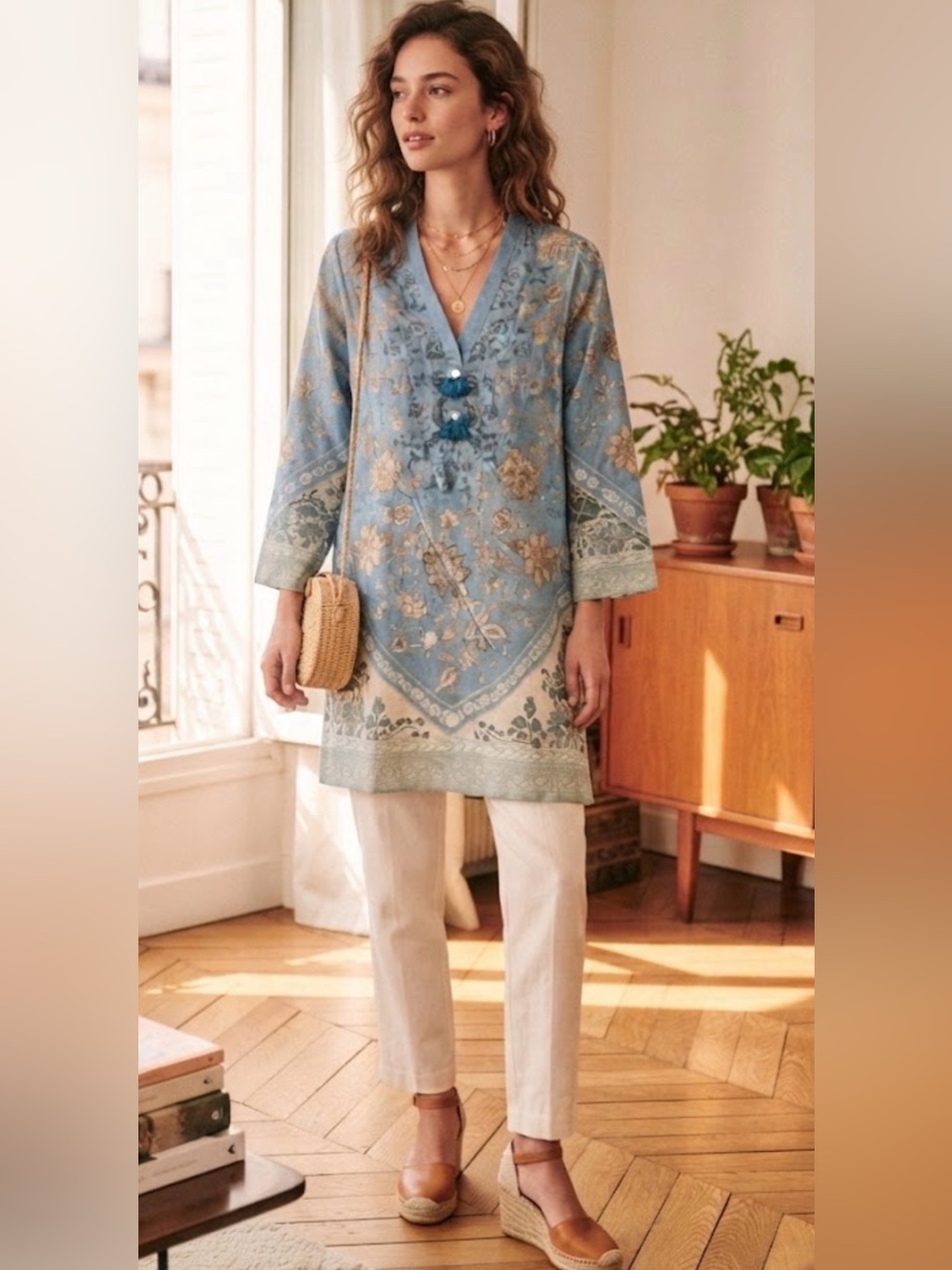 Ethnic Cotton Block Print Blue Tunic Kurta & Banana Republic Linen Trousers Set
